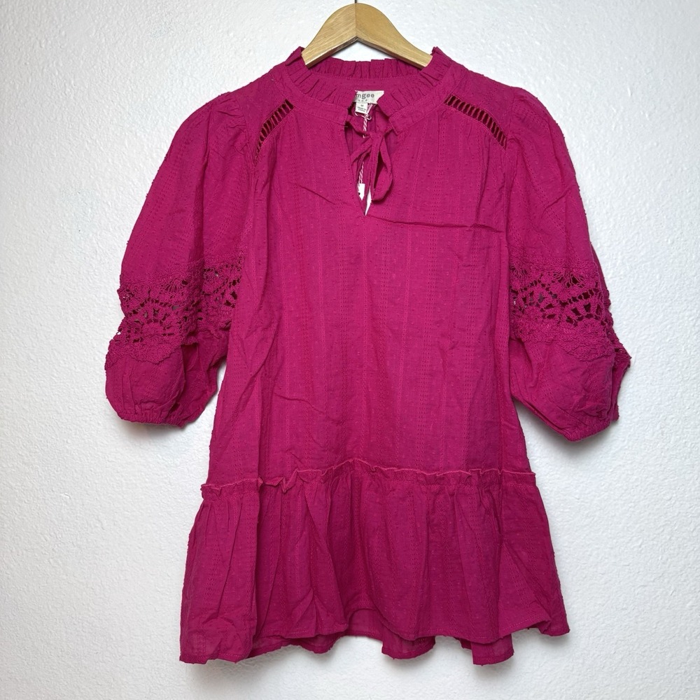 Umgee Fuschia Pink Blouse Too Women's Medium Lace Puff Sleeves Cotton Top Boho